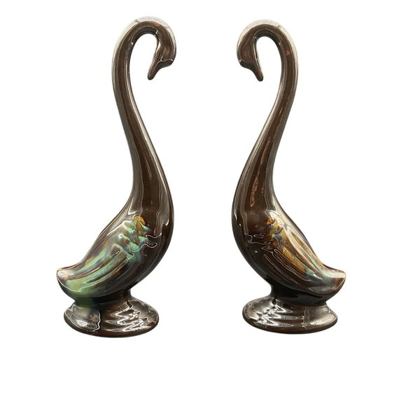 Vtg MCM Drip Glaze Ceramic Swan Sculptures By A Price Import Japan 9.5"H - Picture 1 of 7
